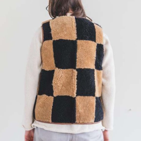 NWT Cawley Studio 'Ella' Patchwork checked checkerboard checker Shearling Vest - Picture 2 of 10